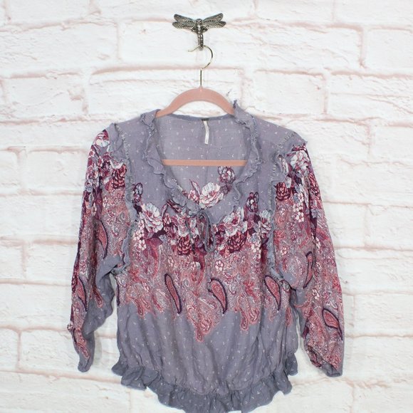Free People Tops - Free People Purple Rayon V-Neck Elastic Waist Peasant Blouse Top Size M